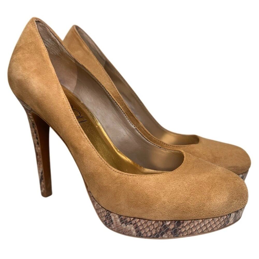 Via Neroli Women's Tan Suede Leather Snakeskin Platform Stilettos Sz 9 M Heels